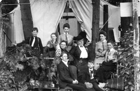 Print from large post card negative.  Ellen Scott Wiley in Center with her daughter LaDora, Hazel, Ben, Raye, Robert and CV Jones also in the picture. Other women unknown (Yeo’s?) Location and Date Unknown but could be famlly camping at Baker Bay